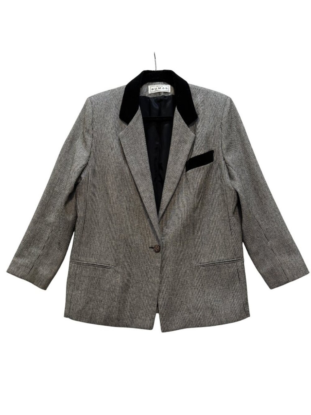 Vintage 1980s Houndstooth Wool Blazer Size 10P Velvet Collar Black White Regency